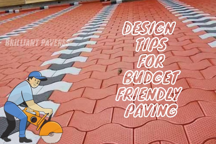 Close-up of a vibrant red, white, and gray paver pattern with the text "DESIGN TIPS FOR BUDGET-FRIENDLY PAVING," accompanied by an illustration of a worker using a circular saw, showcasing Brilliant Paverss' affordable and stylish paving solutions in Coimbatore.