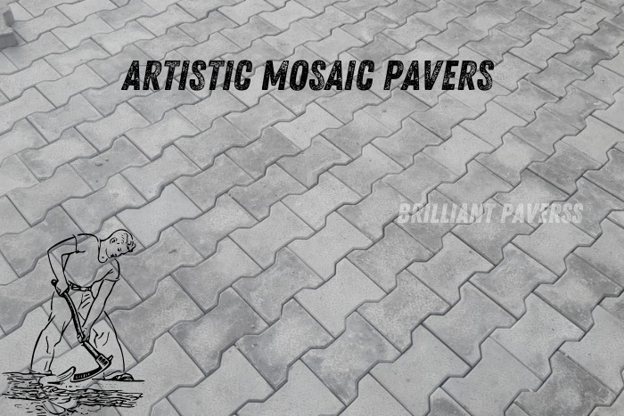 Intricate pattern of gray artistic mosaic pavers laid in a unique design, with the text "ARTISTIC MOSAIC PAVERS," complemented by an illustration of a worker smoothing the surface, showcasing Brilliant Paverss' expertise in creating visually stunning and durable paver installations in Coimbatore.