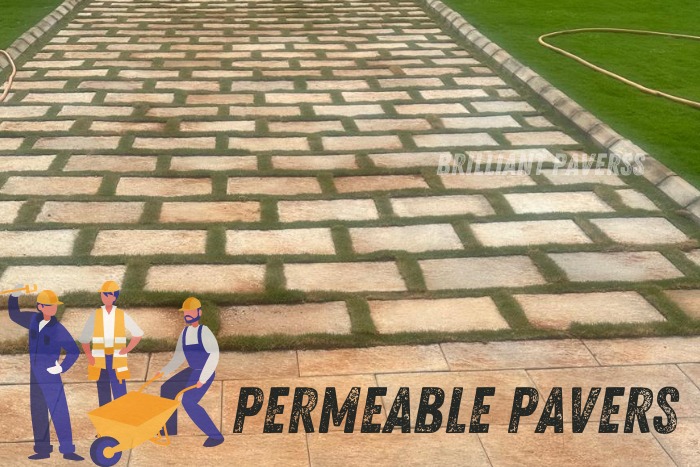 Permeable paver pathway laid in a beautiful brick pattern with grass in between, accompanied by the text "PERMEABLE PAVERS" and illustrations of construction workers, highlighting Brilliant Paverss' sustainable and eco-friendly paving solutions for efficient water drainage in Coimbatore