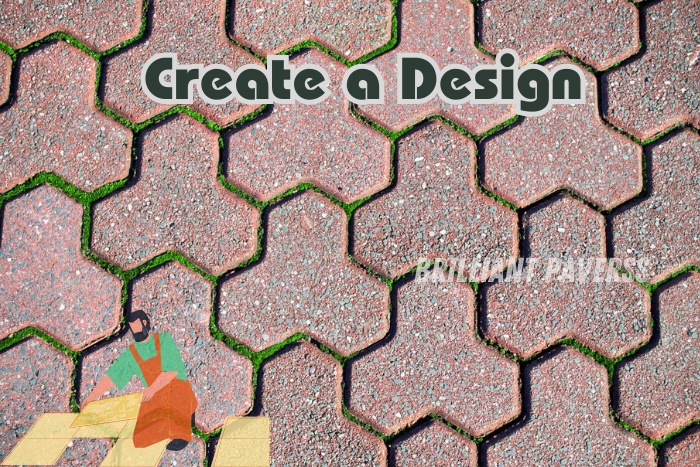 Hexagonal paver blocks with grass filling the gaps, accompanied by the text "Create a Design" and an illustration of a worker arranging pavers, showcasing Brilliant Paverss' creative and customized paving solutions for unique and attractive outdoor designs in Coimbatore