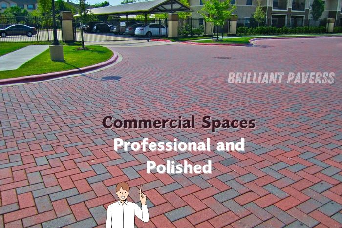 Beautifully paved commercial parking area with a mix of red and gray pavers arranged in a herringbone pattern, accompanied by the text "Commercial Spaces Professional and Polished" and the Brilliant Paverss logo, highlighting the top-notch commercial paving services provided by Brilliant Paverss in Coimbatore