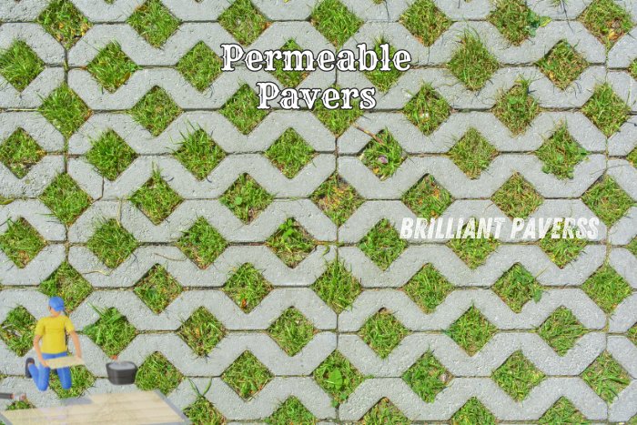 Close-up of eco-friendly permeable pavers with grass growing through the gaps, accompanied by the text "Permeable Pavers" and the Brilliant Paverss logo, highlighting the sustainable paving solutions offered by Brilliant Paverss in Coimbatore to promote natural water drainage and environmental sustainability