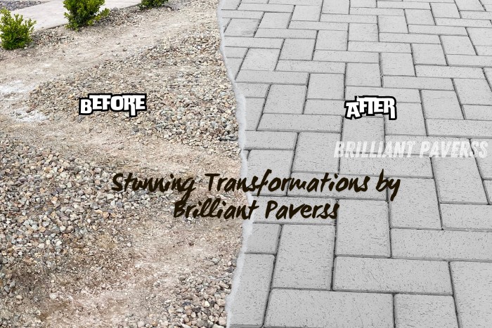 Before and after image showcasing a dramatic transformation of a rough, gravel-filled area into a sleek, modern paved surface using high-quality paver blocks, with the text "Stunning Transformations by Brilliant Paverss," highlighting the expert paving services offered by Brilliant Paverss in Coimbatore