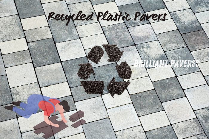 Close-up of paving made from recycled plastic materials arranged in a neat pattern, accompanied by the text "Recycled Plastic Pavers" and the Brilliant Paverss logo, highlighting the innovative and eco-friendly paving solutions provided by Brilliant Paverss in Coimbatore for sustainable and durable outdoor surfaces