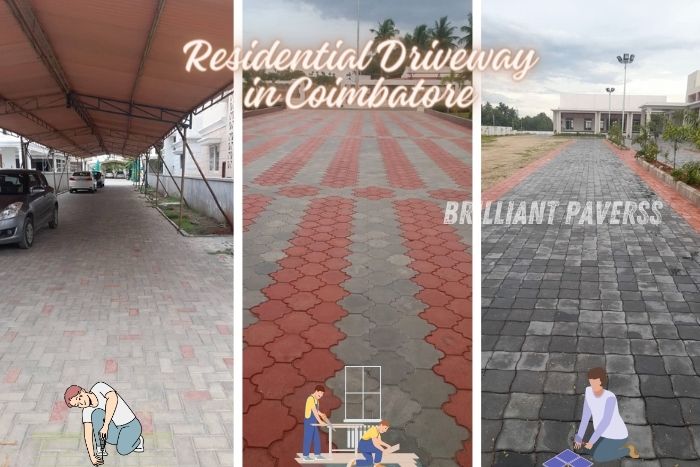 Collage of three residential driveways in Coimbatore featuring different paver designs and colors, with the text "Residential Driveway in Coimbatore" and the Brilliant Paverss logo, showcasing the diverse and high-quality paving solutions provided by Brilliant Paverss for enhancing home exteriors in Coimbatore