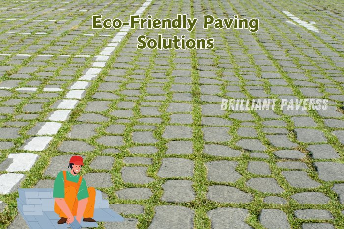 Expansive green space with eco-friendly paving solutions featuring grass growing between permeable paver blocks, accompanied by the text "Eco-Friendly Paving Solutions" and the Brilliant Paverss logo, highlighting the sustainable and environmentally friendly paving options offered by Brilliant Paverss in Coimbatore