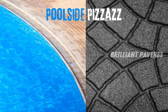 Close-up of a stylish poolside area with textured paver blocks, accompanied by the text "Poolside Pizzazz" and the Brilliant Paverss logo, highlighting the high-quality and visually appealing poolside paving solutions provided by Brilliant Paverss in Coimbatore