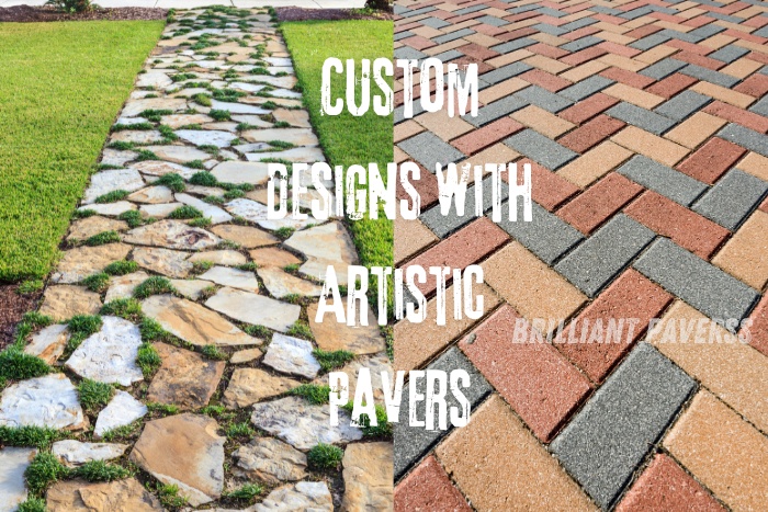 Custom Designs with Artistic Pavers" and the Brilliant Paverss logo, showcasing the bespoke and artistic paving solutions provided by Brilliant Paverss in Coimbatore to create unique and visually appealing outdoor space