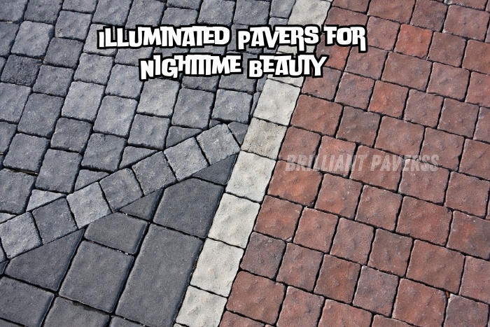 Close-up of a beautifully paved surface featuring gray and red illuminated paver blocks, with the text "Illuminated Pavers for Nighttime Beauty" and the Brilliant Paverss logo, showcasing the elegant and practical nighttime paving solutions provided by Brilliant Paverss in Coimbatore